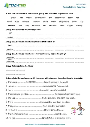 ESL superlative adjectives worksheet preview: students categorize, fill gaps, unscramble, and write superlative sentences at Intermediate B1.