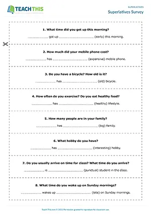 ESL superlatives survey activity preview: students ask and answer questions to complete superlative statements at Pre-intermediate A2.