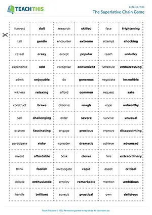 ESL superlative sentences domino game preview: students make unique superlative + noun + that + clause sentences at Upper-intermediate B2.