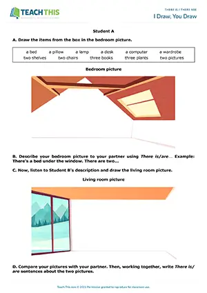 ESL There Is Are Activity preview, Pre-intermediate A2, picture dictation, drawing, describing, forming and writing sentences, pair work
