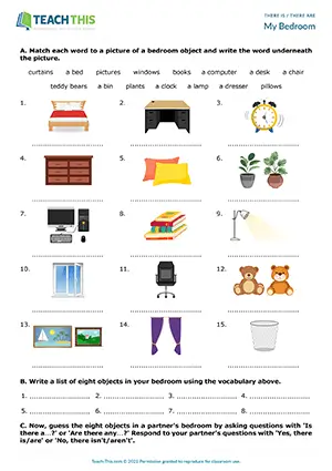 ESL Is There Are There Activity preview, Beginner A1, vocabulary matching, listing, asking and answering questions from prompts, pair work