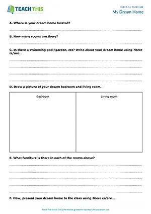 ESL There Is Are Worksheet preview, Pre-intermediate A2, short answer questions, drawing, writing sentences, presenting, pair work