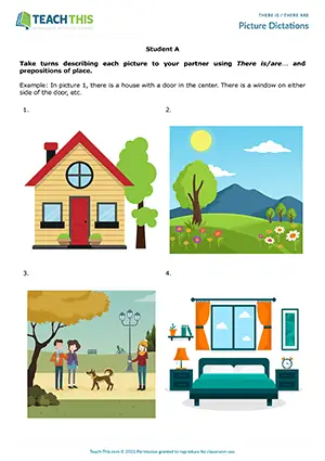 ESL There Is Are Picture Dictation preview, Intermediate B1, forming sentences from prompts, drawing, pair work
