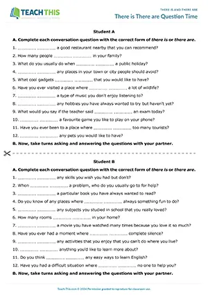 ESL There Is Are Questions Activity preview, Intermediate B1, forming, asking and answering questions from prompts, group and pair work