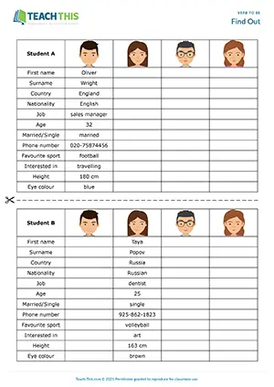 ESL Verb to be Activity preview, Elementary A1-A2, information gap, asking and answering questions from prompts, group work