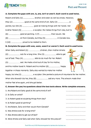 ESL Verb to be Worksheet preview, Pre-intermediate A2, gap-fills, writing answers from prompts, binary choice, writing an email