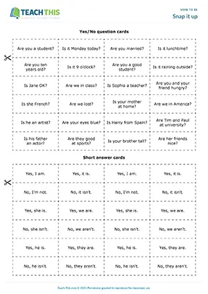ESL Verb to be Game preview, Elementary A1-A2, snap, matching questions and answers, pair work