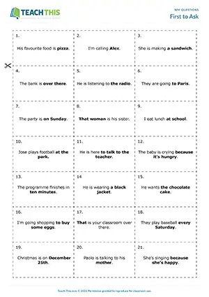 ESL Wh Questions Game preview, Elementary A1-A2, matching and forming questions from prompts, group work