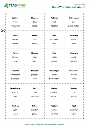 ESL Wh Questions Game preview, Elementary A1-A2, asking and answering from prompts, guessing, pair work