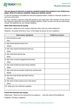 ESL Wh Questions Activity preview, Intermediate B1, forming, asking and answering questions, mystery celebrity interview, pair work