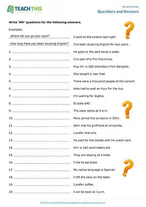 ESL Wh Questions Worksheet preview, Pre-intermediate A2, writing questions from prompts