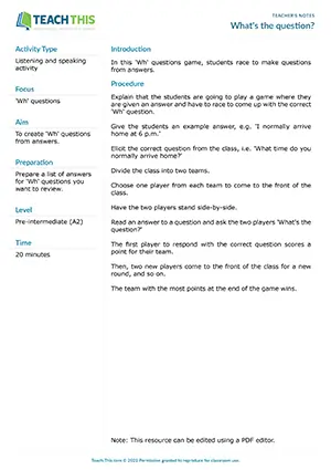 ESL Wh Questions Game preview, Pre-intermediate A2, forming and asking questions from prompts, group work
