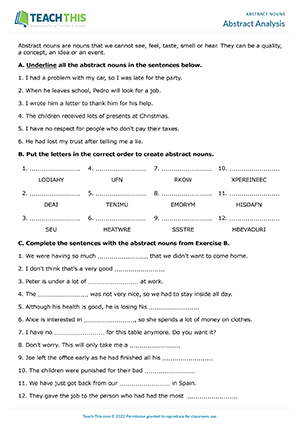 ESL Abstract Nouns Worksheet preview, Intermediate B1, identifying, unscrambling, gap-fill, multiple choice, vocabulary
