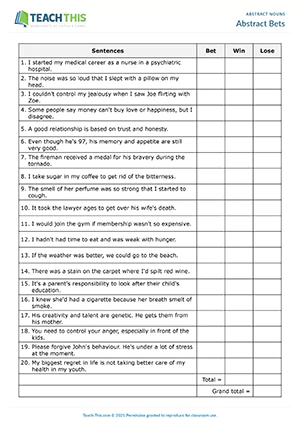 ESL Abstract Nouns Activity preview, Intermediate B1-B2, identifying, betting