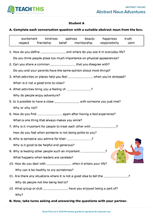 ESL Abstract Nouns Activity preview, Intermediate B1, completing, asking and answering questions from prompts, group and pair work