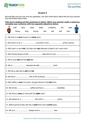 ESL opposite adjectives speaking worksheet for elementary A1-A2, matching, gap-fill, pair work