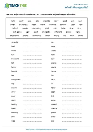 ESL adjective opposites worksheet and game for pre-intermediate A2, list completion, providing antonyms, guessing, matching, pelmanism