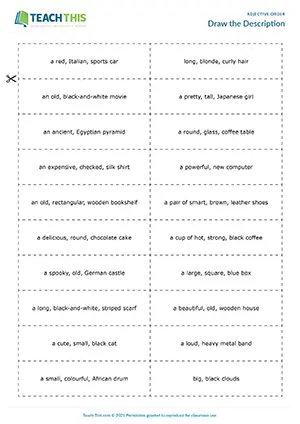 ESL adjective order game for intermediate B1, drawing, guessing, group work