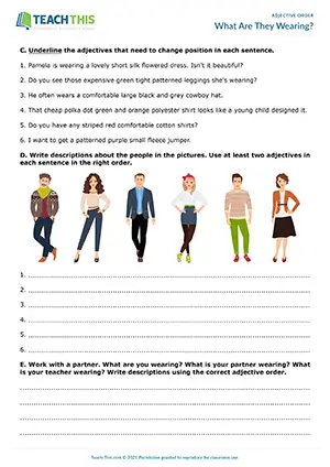 ESL adjective order worksheet for upper-intermediate B2, categorising, gap-fill, identifying, descriptions, ordering