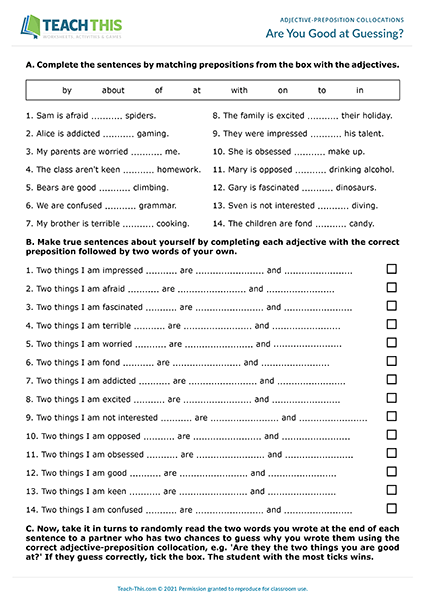 Adjective Preposition Collocations ESL Games Worksheets