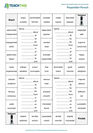 ESL adjective-preposition collocations board game for upper-intermediate B2, forming sentences from prompts, group work