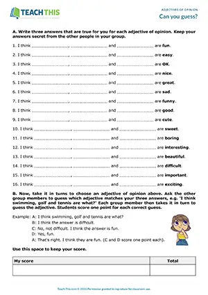 ESL adjectives of opinion game worksheet for elementary A1-A2, gap-fill, guessing, asking and answering questions, group work