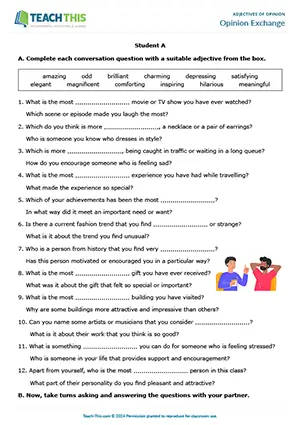 ESL adjectives of opinion activity worksheet for upper-intermediate B2, completing, asking and answering, group and pair work