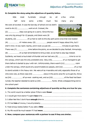 ESL adjectives of quantity worksheet for intermediate B1, matching, categorising, binary choice, gap-fill, sentence completion