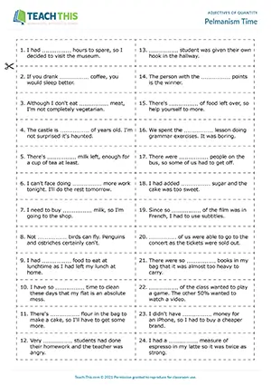 ESL adjectives of quantity game worksheet for intermediate B1, pelmanism, gap-fill, pair work