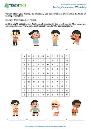 ESL feelings and emotions worksheet preview for elementary A1-A2, vocabulary word search, matching, gap-fill, pair speaking practice