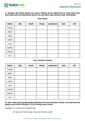 ESL beginner adjectives game preview showing vocabulary practice with everyday items, grid-based exercises, and pair work activities for A1 level students