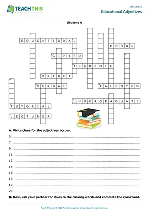 ESL Adjectives Crossword preview, Upper-intermediate B2, writing clues, describing, guessing, group and pair work