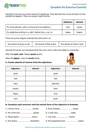 Elementary worksheet for adverbs of manner, table completion, gap-fill, rewriting, and error correction