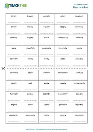 Intermediate Connect 4 game for adverbs of manner, sentence creation, B1 grammar and speaking