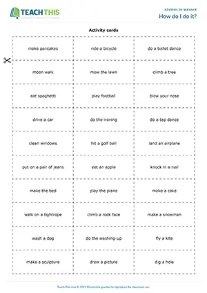 Upper-intermediate adverbs of manner game, miming activities, class guessing, B2 group work