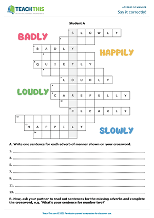 Pre-intermediate adverbs of manner activity, crossword, miming, sentence writing, A2 group and pair