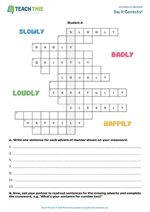 Pre-intermediate adverbs of manner activity, crossword, miming, sentence writing, A2 group and pair
