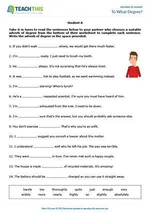 ESL adverbs of degree game for upper-intermediate B2, sentence completion, pair race