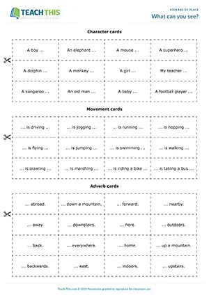 Pre-intermediate adverbs of place game, drawing, identifying, sentence formation for A2 group work
