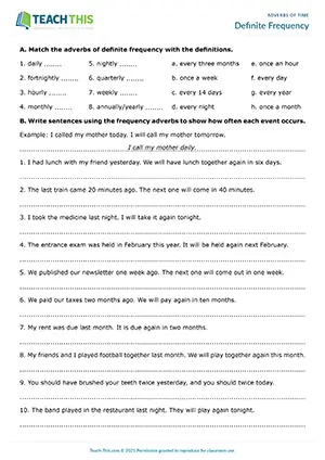 ESL Adverbs of Definite Frequency Worksheet preview for Intermediate B1 showing matching, writing, and pair work