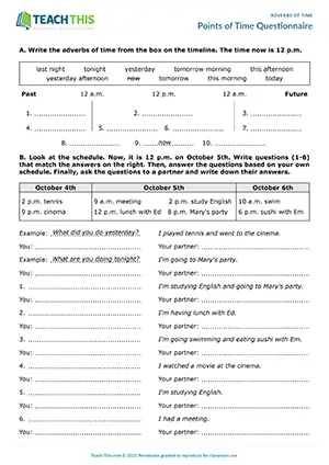 ESL Adverbs of Time Activity preview for Elementary A1-A2 showing timeline, question writing, and pair work