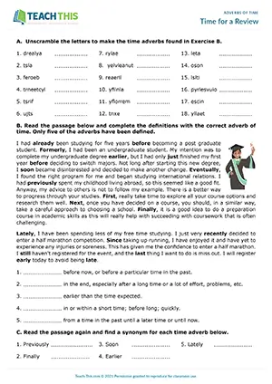 ESL Indefinite Adverbs of Time Worksheet preview for Intermediate B1 showing unscrambling, matching, and sentence writing