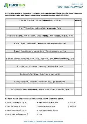 ESL Adverbs of Time Game preview for Intermediate B1 showing sentence unscrambling and matching activities