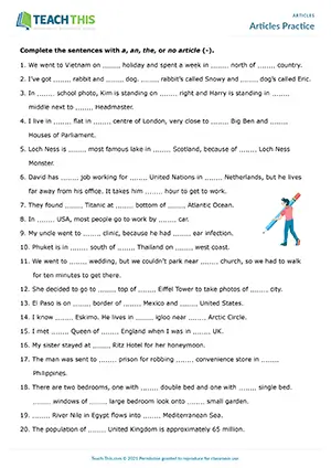 ESL Articles Worksheet preview for Intermediate B1 showing gap-fill exercises for definite and indefinite articles