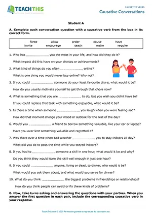 ESL Causative Verbs Activity preview for Intermediate B1 showing gap-fill, question prompts, and pair speaking