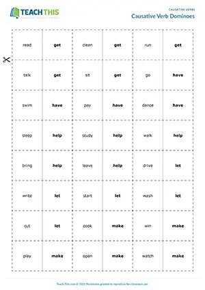 ESL Causative Verbs Game preview for Intermediate B1 showing domino matching and forming sentences from prompts
