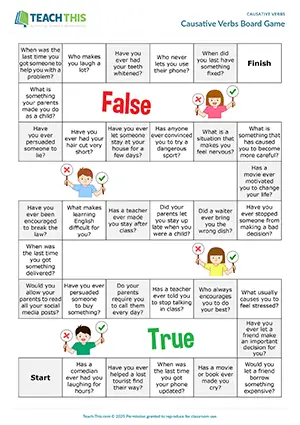 ESL Causative Verbs Board Game preview for Intermediate B1 showing true or false, asking questions, and guessing