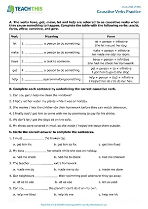 ESL Causative Verbs Worksheet preview for Upper-intermediate B2 showing gap-fill, binary choice, and rewriting