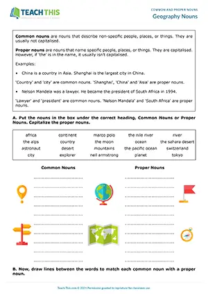 ESL Common and Proper Nouns Worksheet preview for Pre-intermediate A2 showing categorising, matching, identifying, and sentence writing
