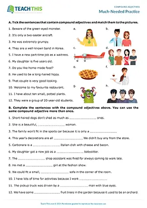 ESL Compound Adjectives Worksheet preview for Intermediate B1 showing identifying, matching, gap-fill, and sentence writing